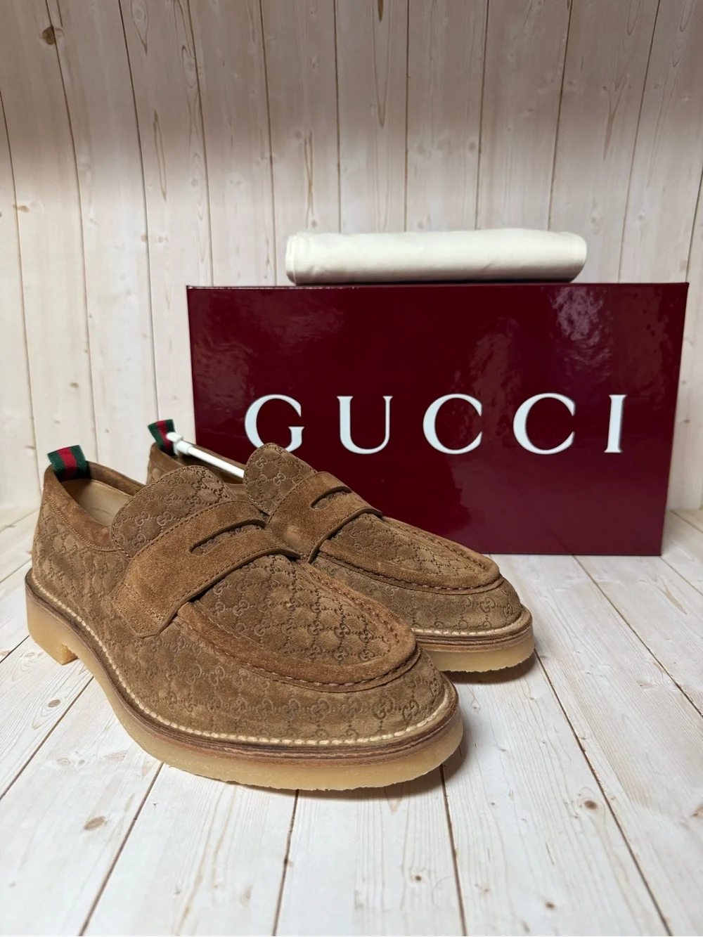 Gucci Luxury Suede Microguccissima Loafers Nocciola Brown Sz 8.5G / 9US